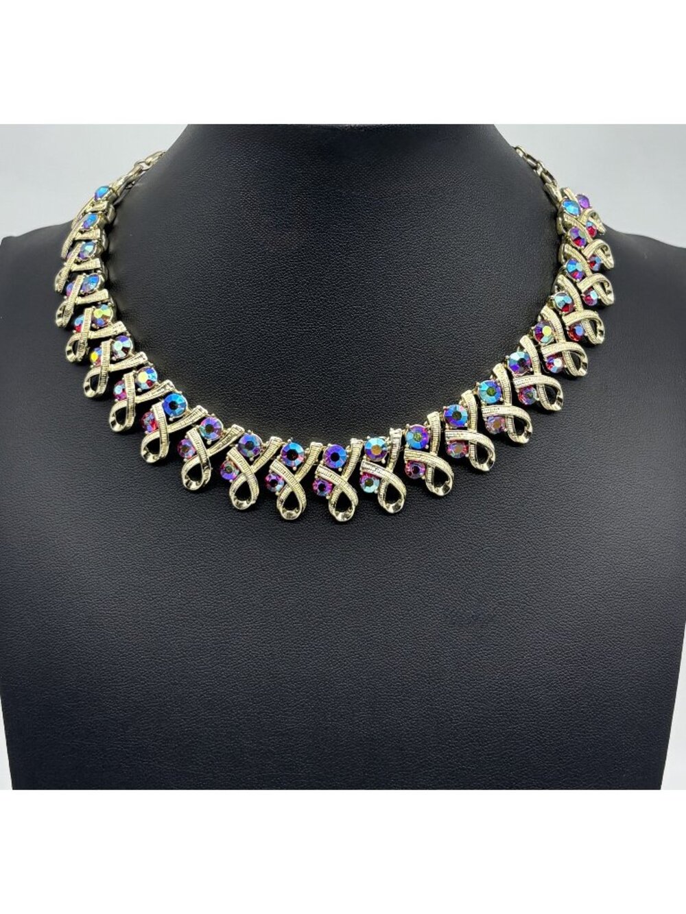 Vintage Mid Century Necklace Ribbon Link Design Gold Tone AB Rhinestone Unsigned